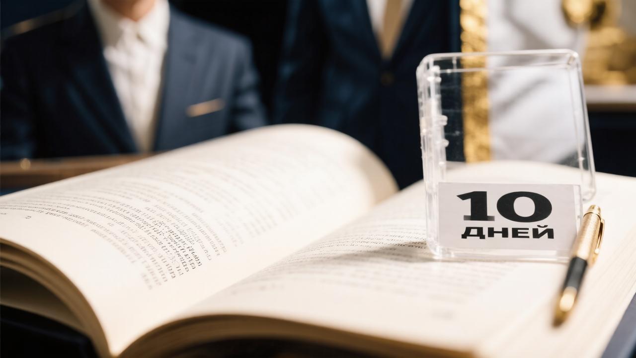 Открытая книга с законом о противодействии коррупции, выделена статья о 10-дневном сроке уведомления.